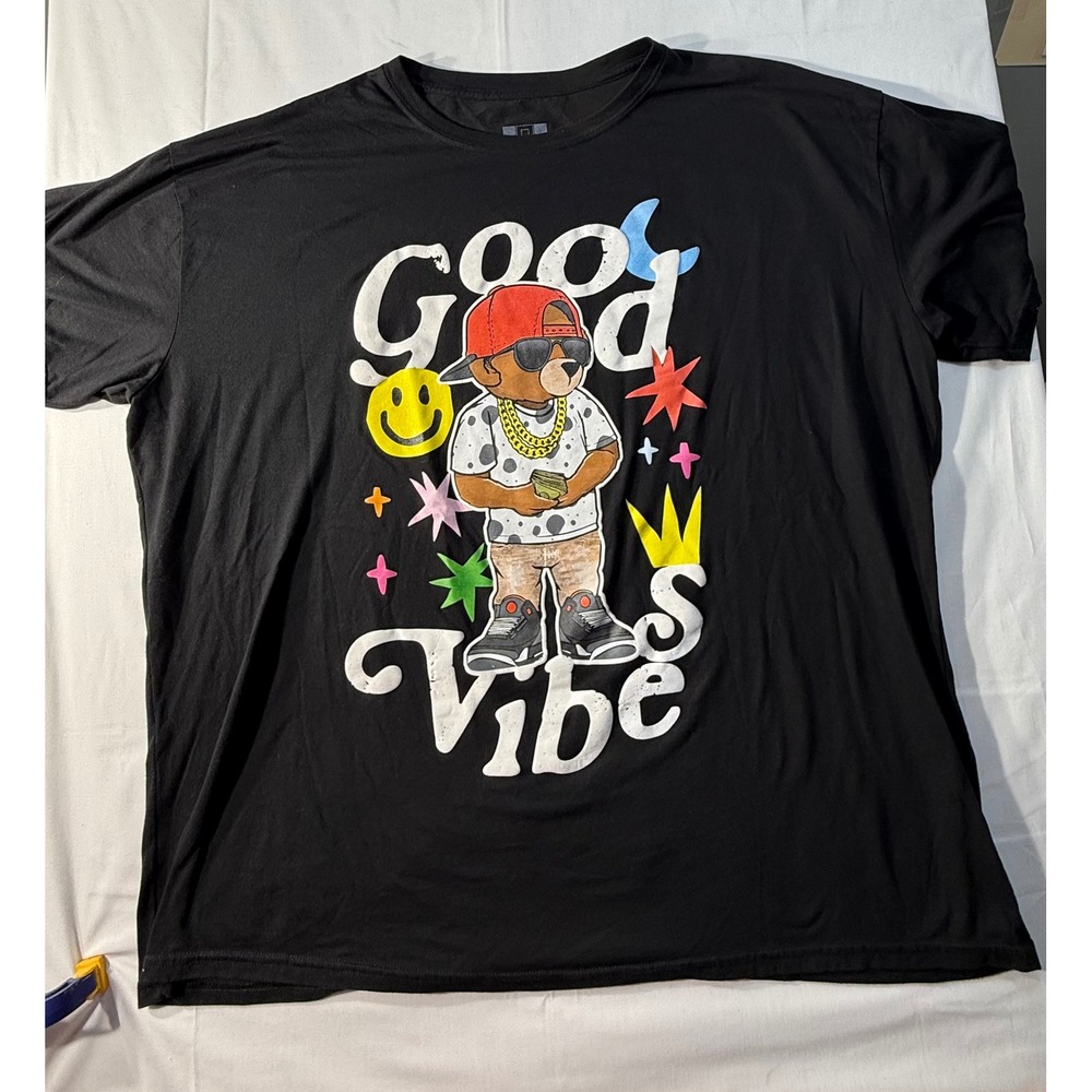 Hustle Gang Mens Good Vibes Bear Graphic T-Shirt Black 4XL Streetwear Tee.